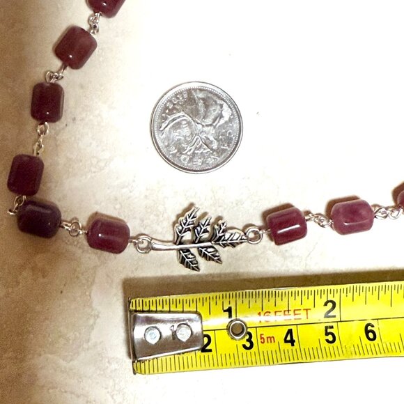 Genuine Magenta Chalcedony Short Necklace, Gemstone & Leaf Branch Pendant - Picture 12 of 13